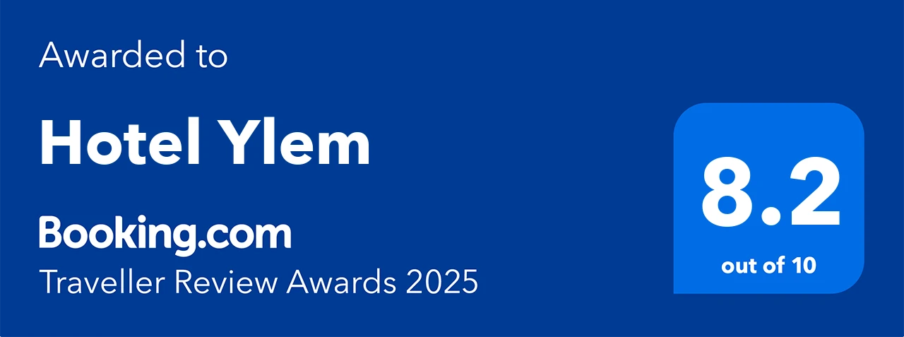 Award for Hotel Ylem in 2025 by Booking.com, with a rating of 8.2 out of 10. logo on footer section.