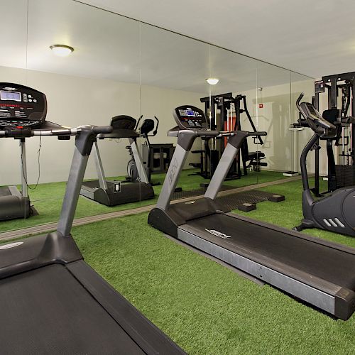 A small gym with treadmills, elliptical machine, and other fitness equipment on a green carpet with mirrored walls on one side, well-lit atmosphere.